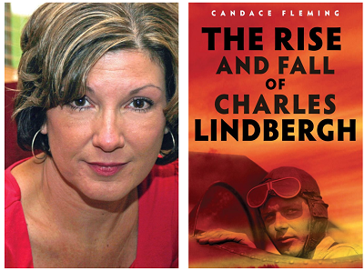 Author Candace Fleming and the cover of her book The Rise and Fall of Charles Lindbergh