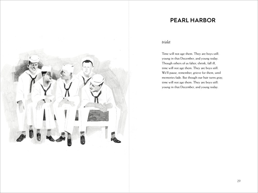 Interior spread from On the Horizon, written by Lois Lowry, with poem and image of American navy sailors before Pearl Harbor.