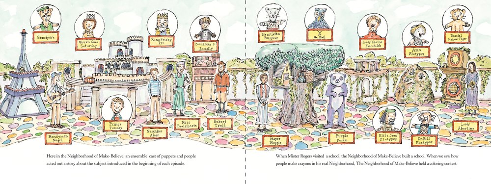 Interior image from Hello, Neighbor! The Kind and Caring World of Mister Rogers, written and illustrated by Matthew Cordell, showing the actors and puppets that appeared in the TV show Mr. Rogers' Neighborhood.