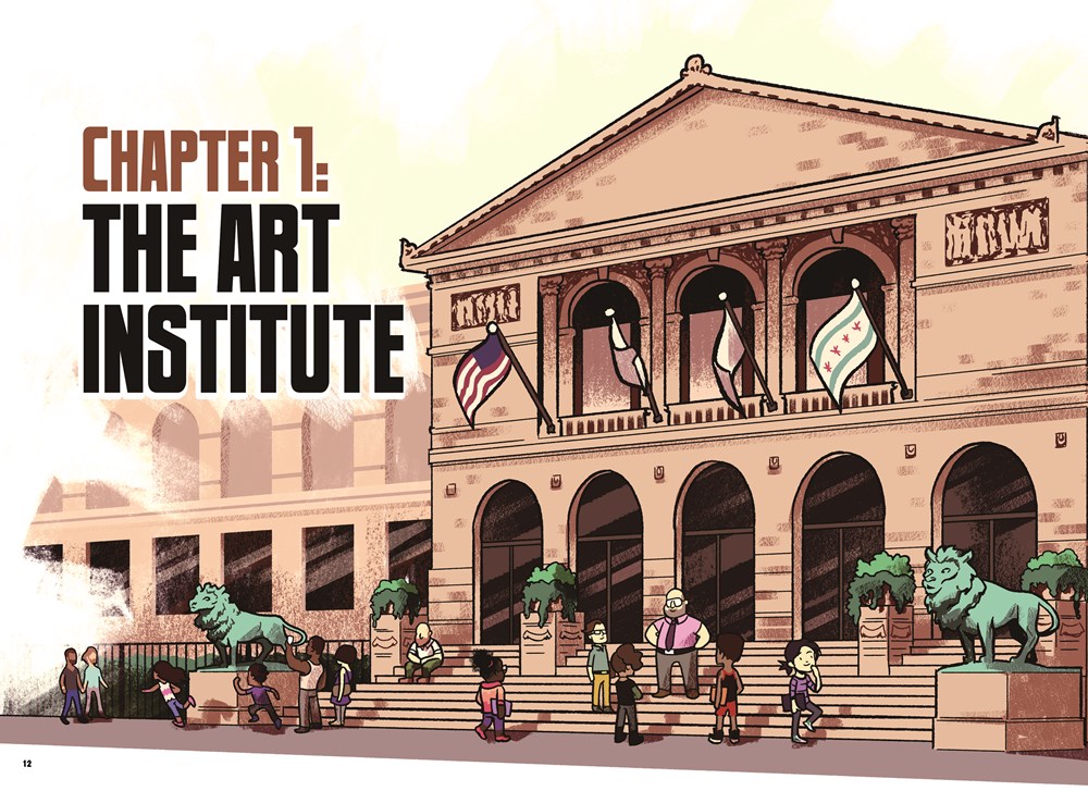 An interior image from the graphic novel Doodleville featuring the outside of the Art Institute of Chicago.