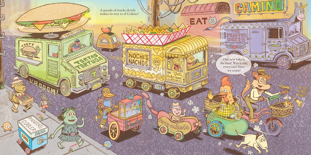 An interior spread featuring food trucks from Raúl The Third's picture book ¡Vamos! Let's Go Eat.