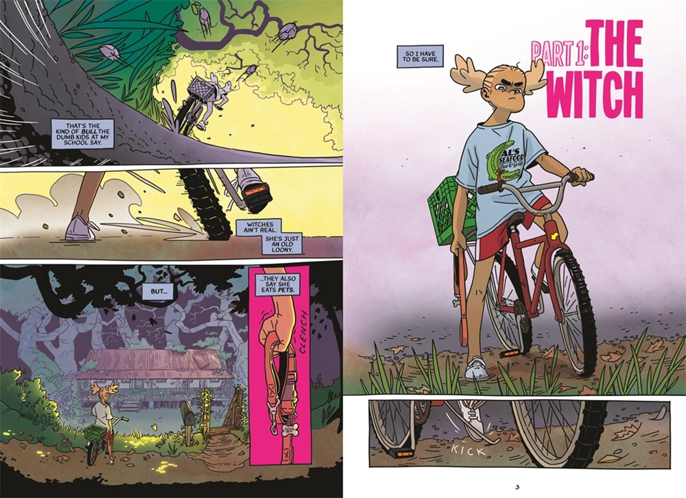 opening spread from Snapdragon, by Kat Leyh, showing a girl on a bike in gloomy woods.