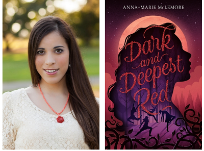 Author Anna-Marie McLemore and the cover of their novel Dark and Deepest Red