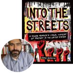 Author Marke Bieschke and the cover of his book Into the Streets