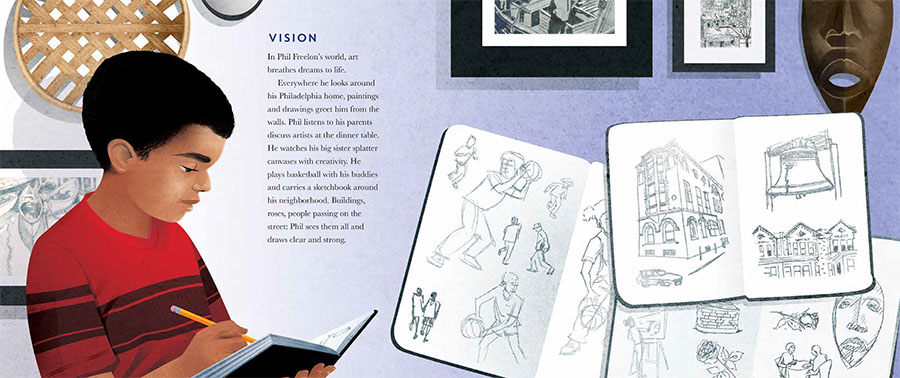 An interior image from Dream Builder: The Story of Architect Philip Freelon featuring Philip Freelon as a child who loved to sketch and draw.