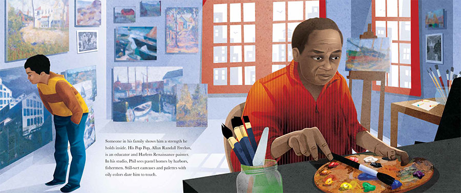 An interior image from Dream Builder: The Story of Architect Philip Freelon featuring Philip Freelon as a child with his grandfather, a well-known painter.