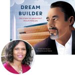Author Kelly Starling Lyons and the cover of her book Dream Builder: The Story of Architect Philip Freemon