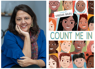 Author Varsha Bajaj and the cover of her novel Count Me In.