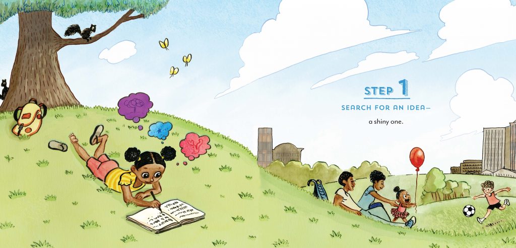 An interior image featuring a young writer brainstorming ideas from How to Write a Story, written by Kate Messner and illustrated by Mark Siegel.