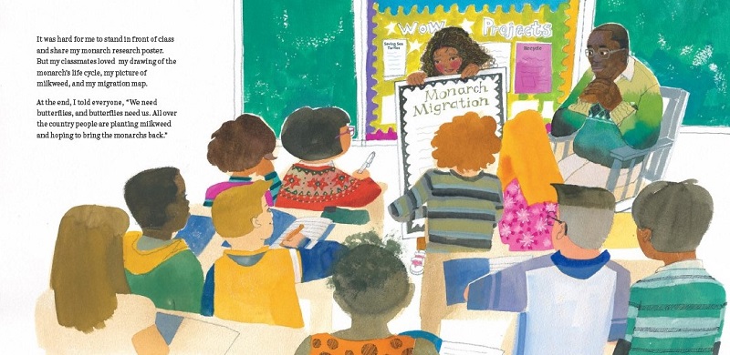 Interior image from Butterflies Belong Here: A Story of One Idea, Thirty Kids, and a World of Butterflies, written by Deborah Hopkinson and illustrated by Meilo So, depicting a child confidently presenting a report about monarch butterflies to her class.