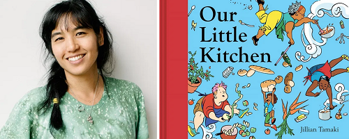 Jillian Tamaki and the cover of her picture book Our Little Kitchen.