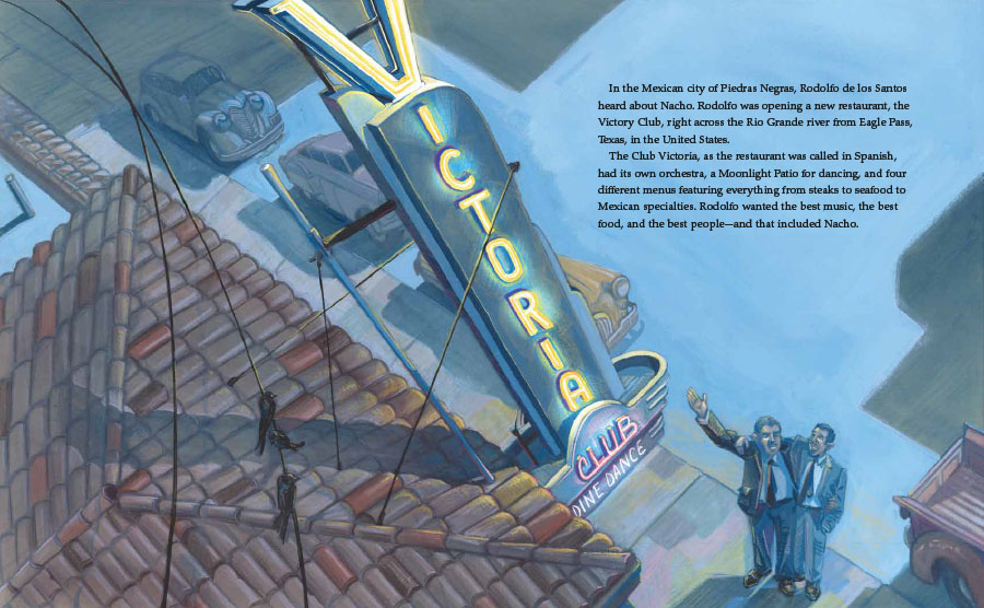 Interior image from Nacho's Nachos, written by Sandra Nickel and illustrated by Oliver Dominguez, depicting Ignacio Anaya outside the restaurant in Mexico where he invented nachos.