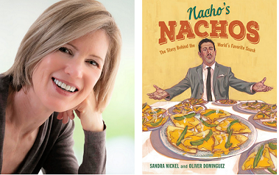 Author Sandra Nickel and the cover of her book Nacho's Nachos, illustrated by Oliver Dominguez