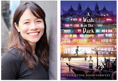 Author Christina Soontornvat and the cover of her novel A Wish in the Dark.