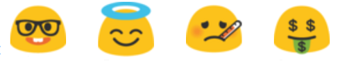 Emoji symbols showing: a face with glasses; a smiling face with a halo; a frowning face with a thermometer in its mouth; a face with dollar signs for its eyes and tongue.