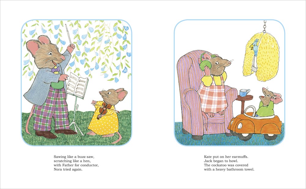 An interior image from You Can Do It, Noisy Nora!, written and illustrated by Rosemary Wells, depicting little mouse Nora trying to play the violin, and her younger siblings covering their ears as she makes beginner mistakes with her new instrument.
