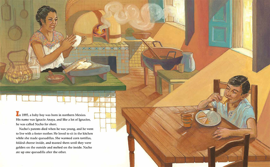 An interior image from Nacho's Nachos, written by Sandra Nickel and illustrated by Oliver Dominguez, depicting Ignacio Anaya, the inventor of nachos, as a young child who loved to eat.