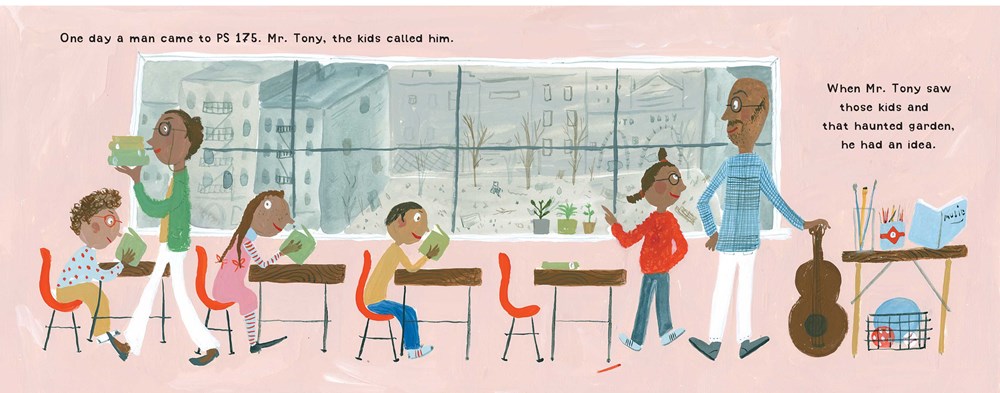 Interior image from Harlem Grown, by Tony Hillery, depicting the author with students at PS 175 in New York City.