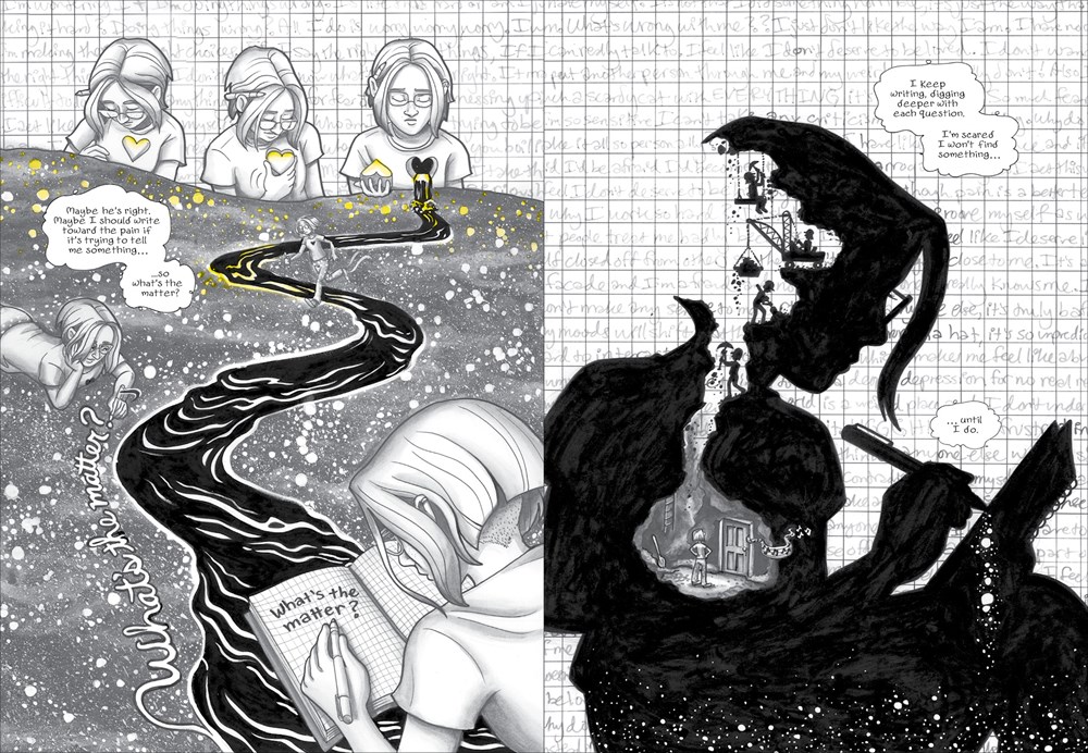 An interior spread from the graphic novel The Dark Matter of Mona Starr, by Laura Lee Gulledge, depicting the main character trying to draw and write about her feelings of depression.