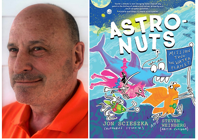 Jon Scieszka and the cover of his book AstroNuts Mission Two: The Water Planet