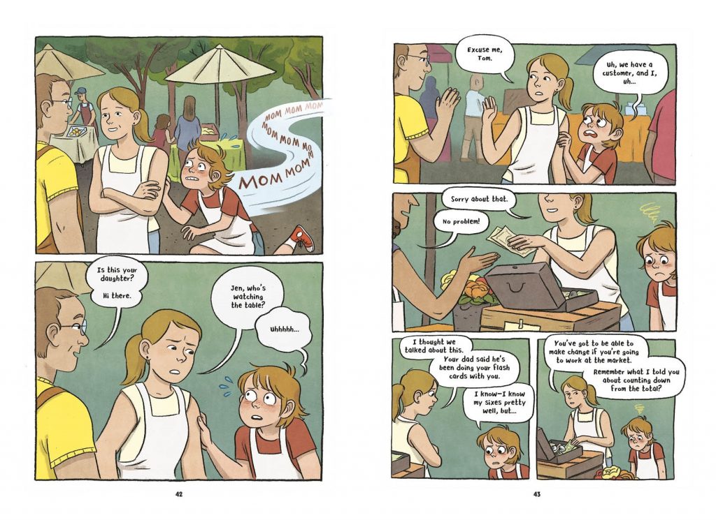 An interior spread from Lucy Knisley's graphic novel Stepping Stones showing a young character reluctantly helping her other at a farmers' market stand.