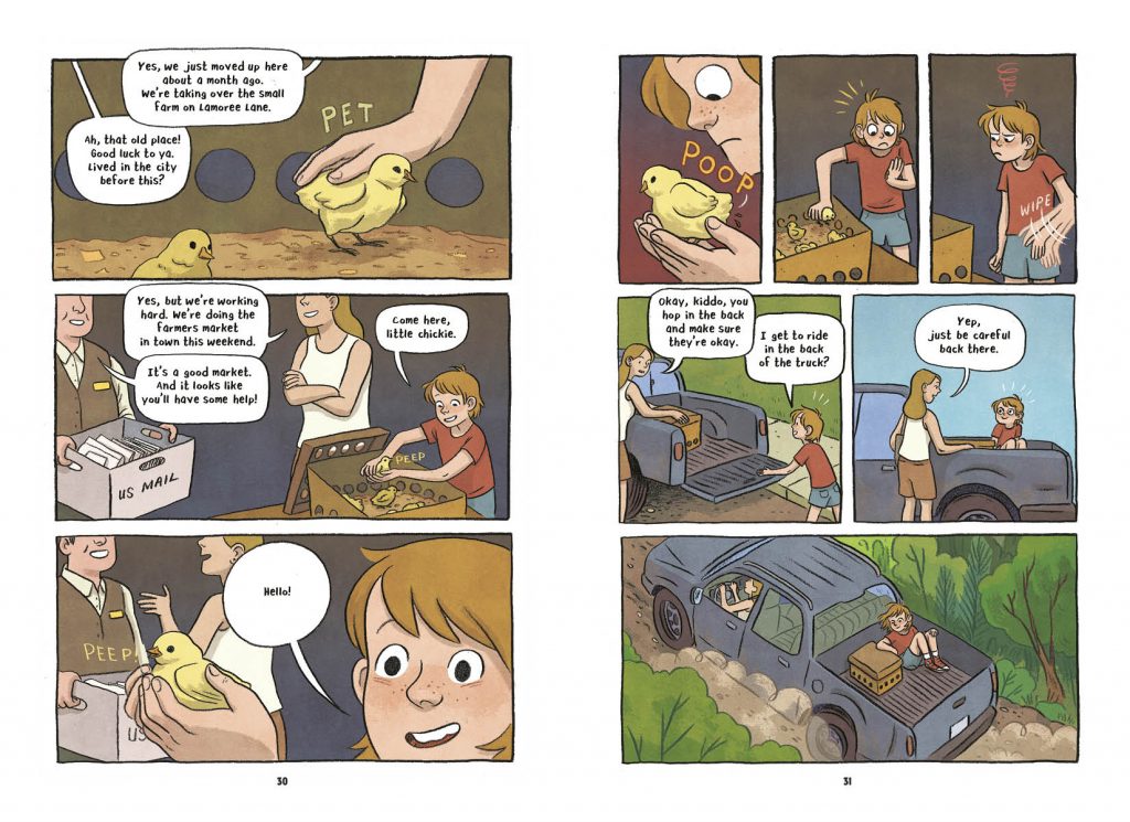 An interior spread from Lucy Knisley's graphic novel Stepping Stones showing a tween girl and her mother receiving chickens for their new farm.