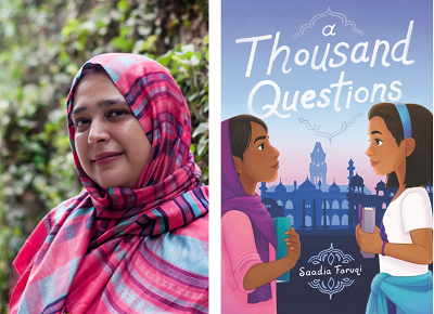 Author Saadia Faruqi and the cover of her novel A Thousand Questions.