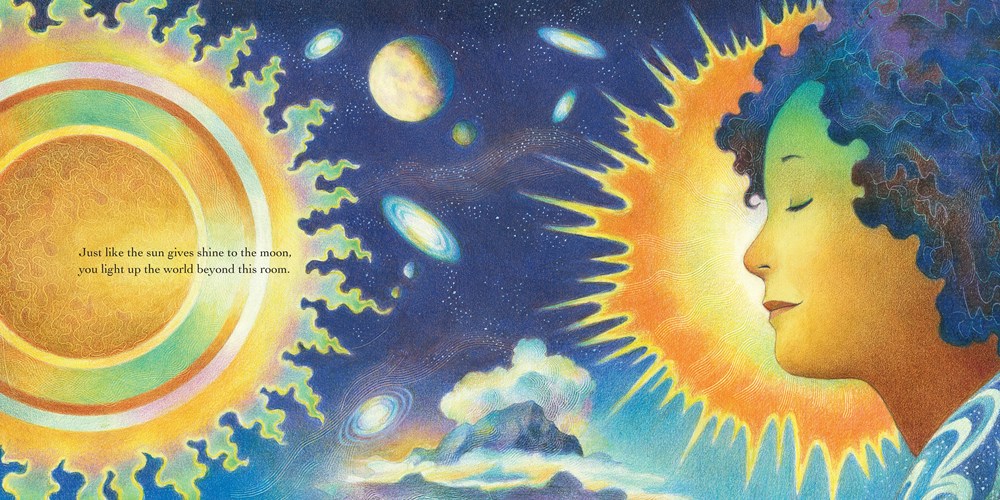 interior image from Child of the Universe, illustrated by Raul Colon, showing a girl's brown face and curly hair against swirling planets and the sun.