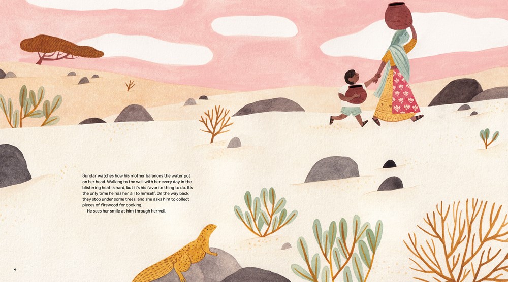 An interior spread from 111 Trees, written by Rina Singh, illustrated by Marianne Ferrer, depicting an image of a boy and his mother carrying water in a rural Indian landscape.