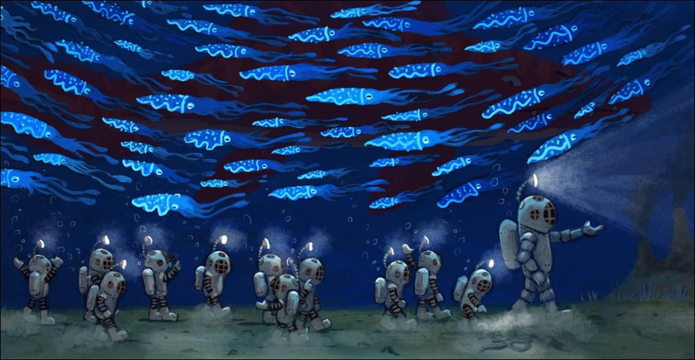 An interior image from Field Trip to the Ocean Deep, written and illustrated John Hare, depicting an imagined deep sea field trip with young students following a teacher on the ocean floor. 