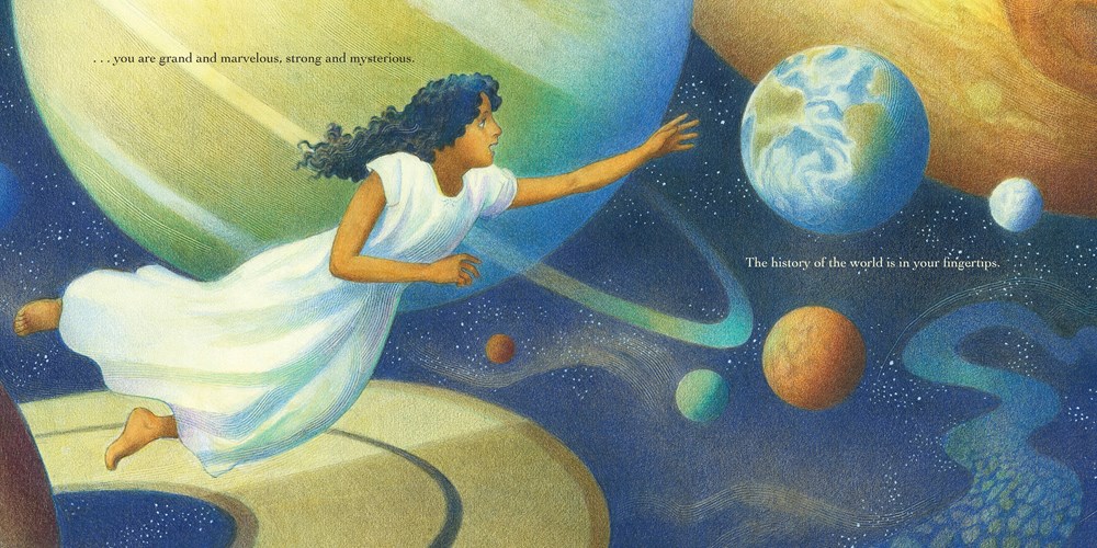 interior image from Child of the Universe, illustrated by Raul Colon, showing a girl soaring through a space scene filled with swirling planets and moons.