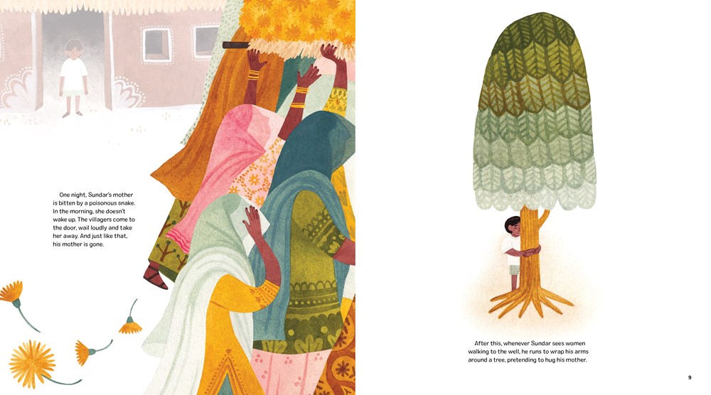 Two illustrations from 111 Trees, written by Rina Singh, illustrated by Marianne Ferrer. On the left-hand page, women in saris walk through a village; on the right-hand page, a boy hugs a tree in memory of his late mother. 