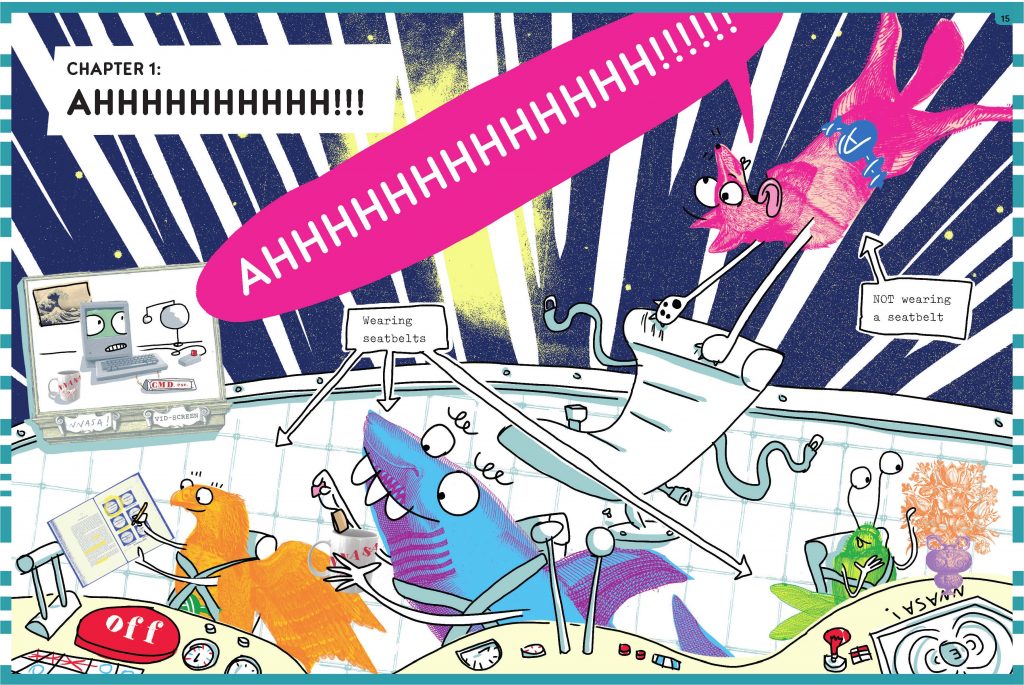 The first spread of chapter one from AstroNuts Mission Two: The Water Planet, depicting the Astronuts team at the control panel of their rocket, yelling, "Ahhhhhhhhhhhh!"