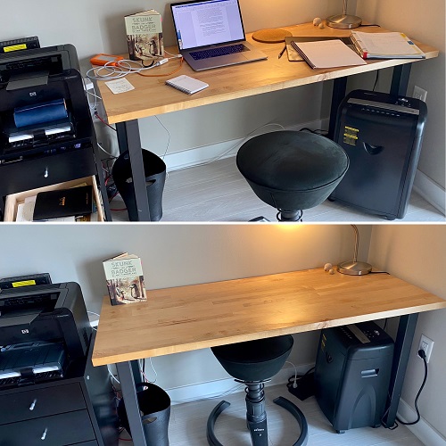 Two stack images of author Amy Timberlake's desk: during the day while she's working, with her computer and writing materials, and then at the end of the day, when her desk is cleared and empty.