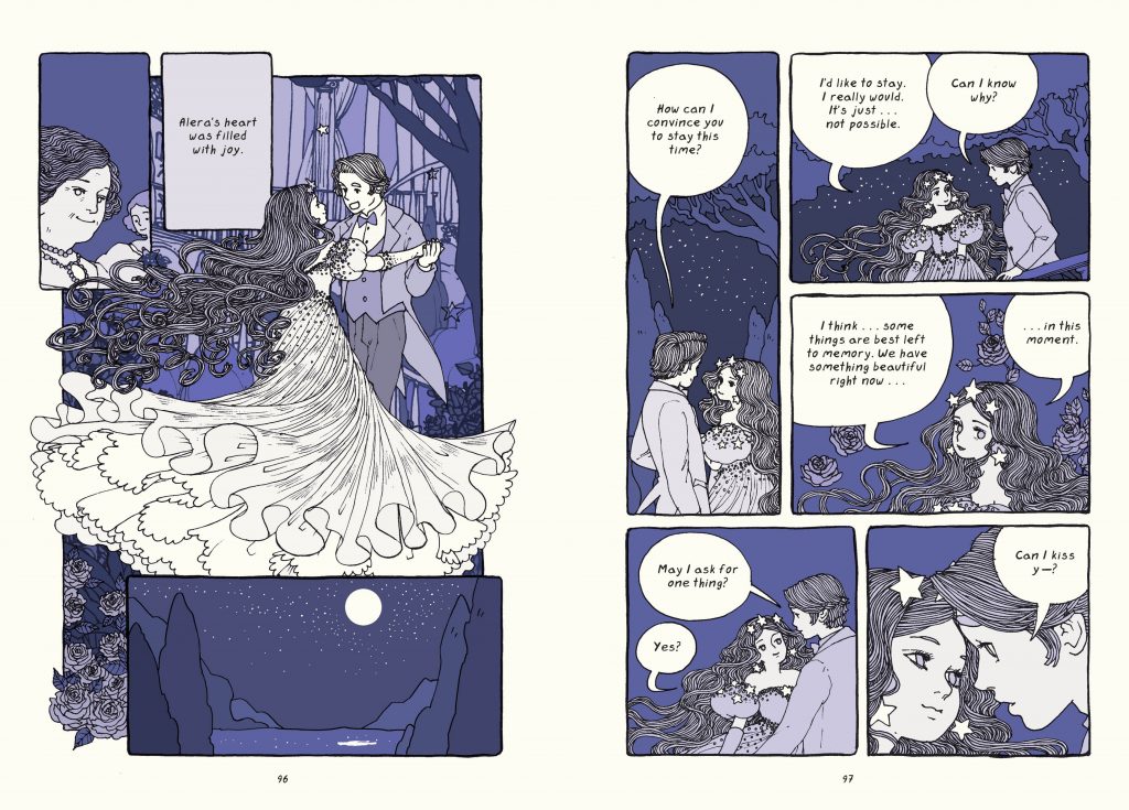 An interior image from Trung Le Neguyen's debut graphic novel The Magic Fish featuring a fairy-tale inspired romantic scene of a couple dancing.