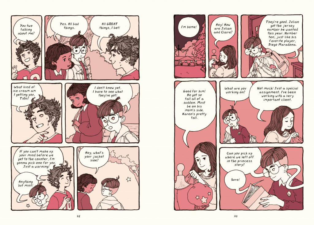An interior image from Trung Le Neguyen's debut graphic novel The Magic Fish featuring a contemporary Vietnamese boy talking with his friends and then his mother.