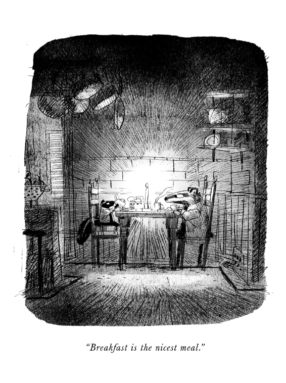 An interior illustration from Skunk and Badger, written by Amy Timberlake and illustrated by Jon Klassen, featuring the title characters eating at a table. The caption reads, "Breakfast is the nicest meal."