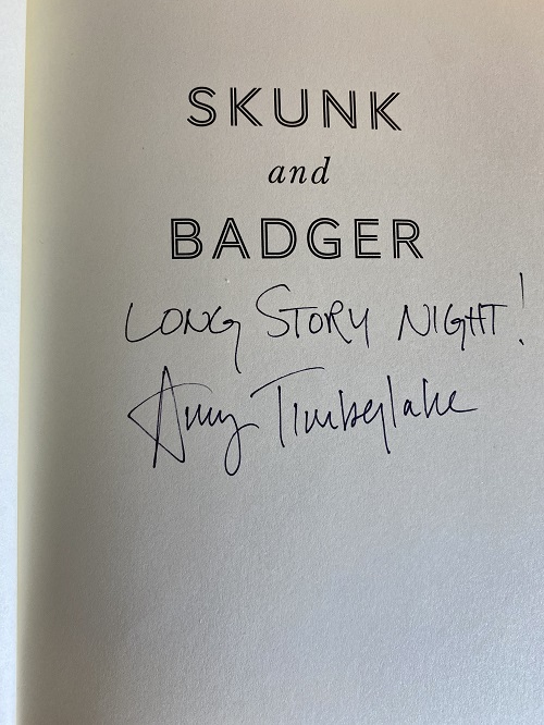 The title page of Skunk and Badger, signed by the author, Amy Timberlake.