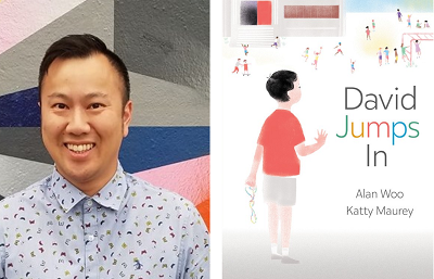 Author Alan Woo and the cover of his book David Jumps In, illustrated by Katty Maurey.