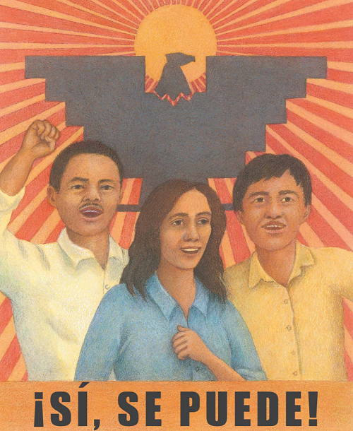 An interior portrait showing Larry Itliong, Dolores Huerta, and César Chávez, from Resist! Peaceful Acts That Changed the World, by Diane Stanley.