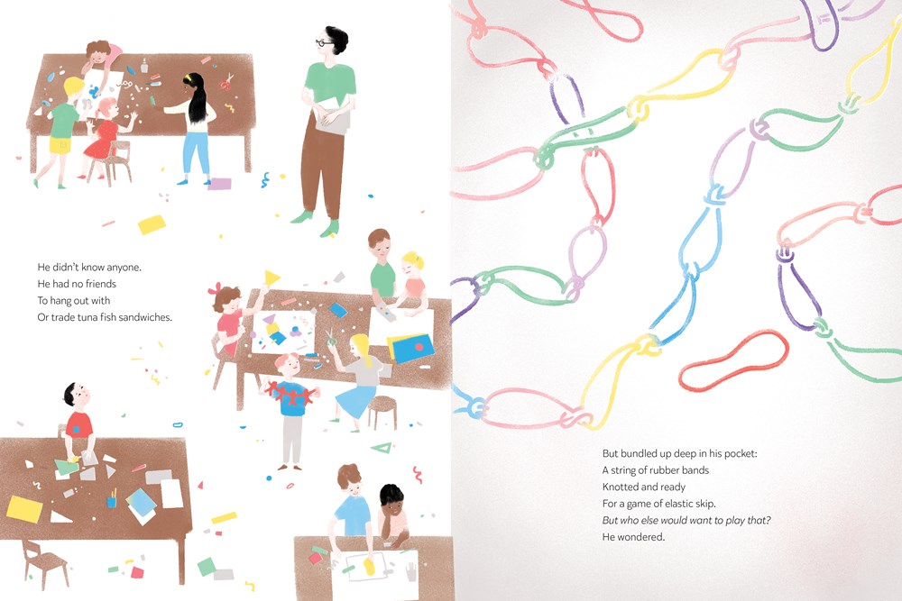 An interior image from David Jumps In, written by Alan Woo and illustrated by Katty Maurey, showing a busy elementary-school classroom, and then the knotted rubber bands that the book's main character, David, hopes to share with his classmates in a favorite game, elastic skip.