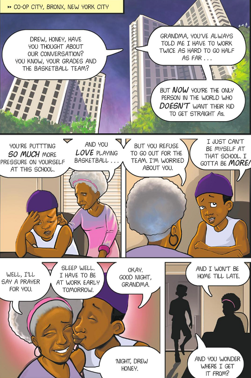 A page from Jerry Craft's graphic novel Class Act showing a conversation between the central character, Drew, and his grandmother in their Bronx, New York, apartment.