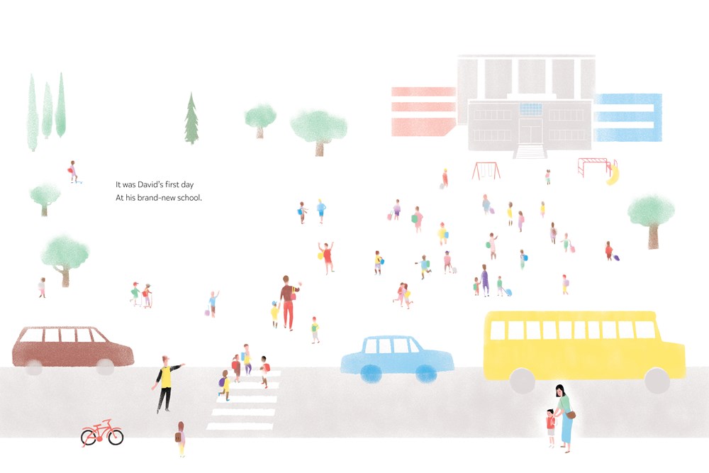 An interior image from David Jumps In, written by Alan Woo and illustrated by Katty Maurey, showing cars and buses dropping children off at elementary school.