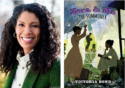 Author Victoria Bond and the cover of her novel, Zora and Me: The Summoner.