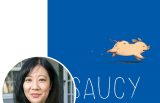 Cynthia Kadohata and the cover of her novel Saucy