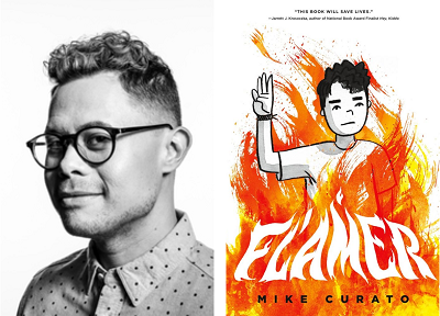 Author and artist Mike Curato and the cover of his graphic novel, Flamer.