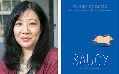 Author Cynthia Kadohata and the cover of her novel Saucy.