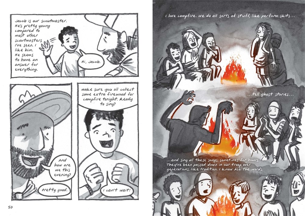 Interior pages from Mike Curato's graphic novel, Flamer, showing boy scouts with their scout leader and then telling stories around a campfire.