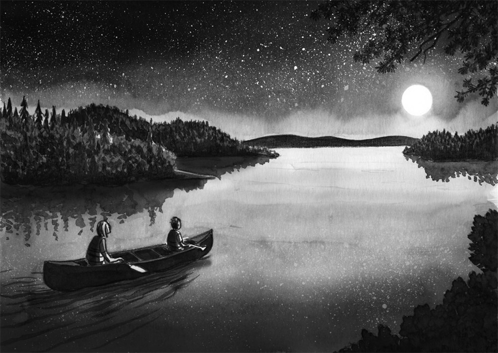 A wordless interior spread from Mike Curato's Flamer showing two boys in a canoe on a moonlit lake.