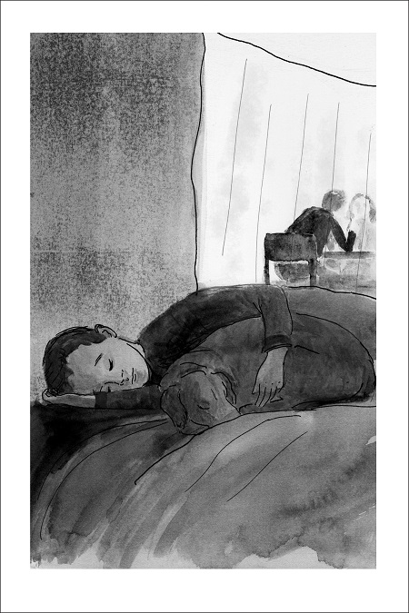 An interior image from The Stray and the Strangers, written by Steven Heighton and illustrated by Melissa Iwai. A boy lies on a cot with a dog, who snuggles against him.